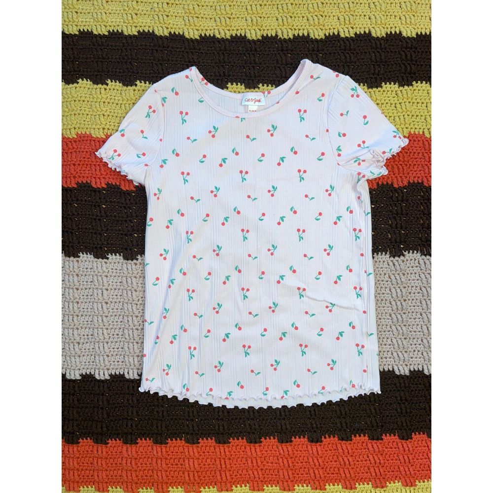 Light Pink Cherry Print Ribbed T-Shirt by Cat & Jack, Size Girls XL 14